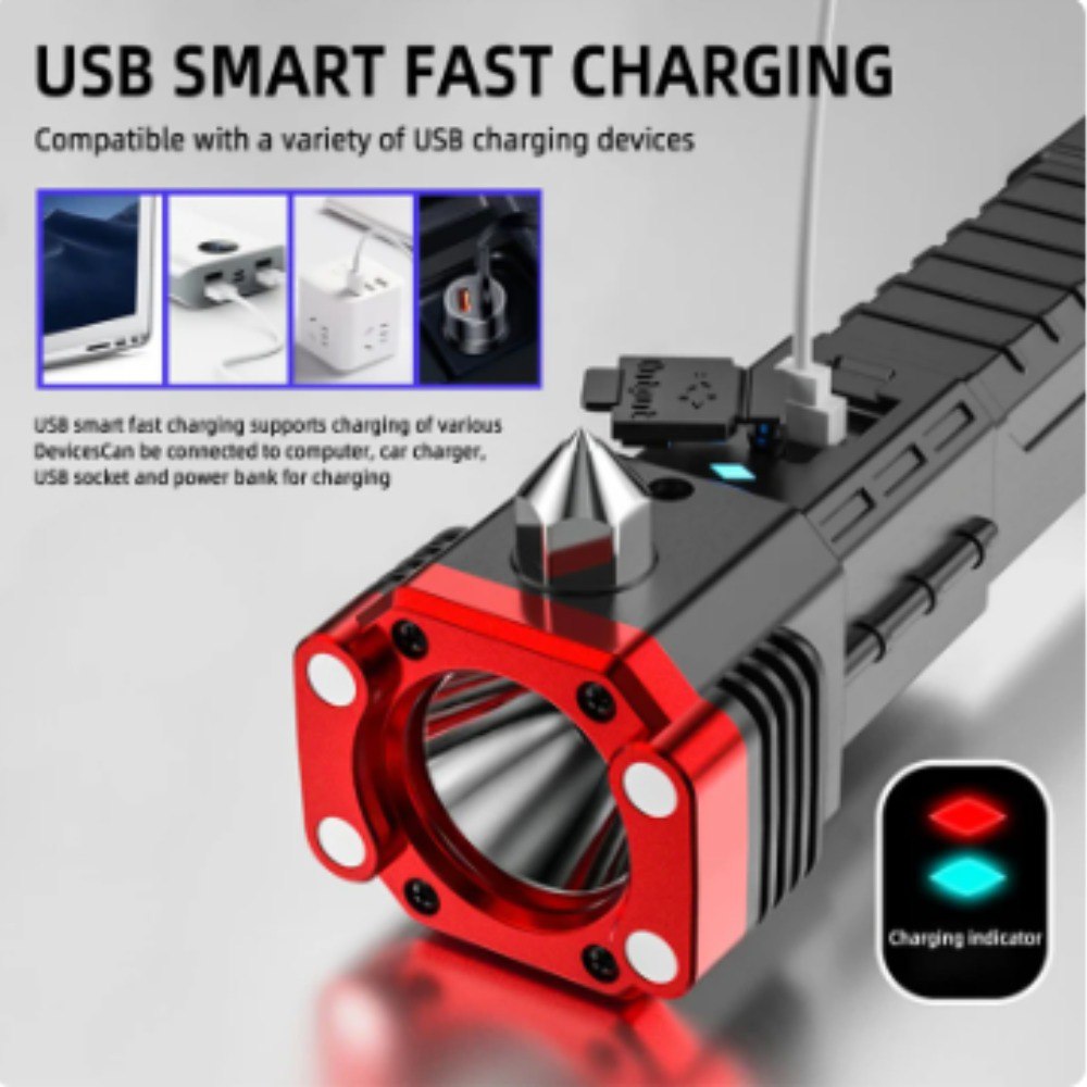 🔦 Linterna Táctica Multifunción Recargable USB con Herramienta de Emergencia