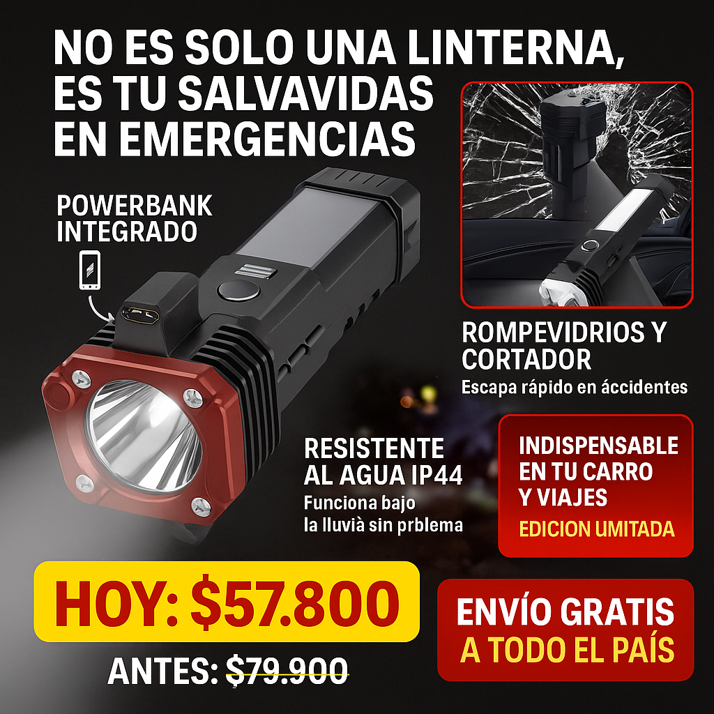 🔦 Linterna Táctica Multifunción Recargable USB con Herramienta de Emergencia