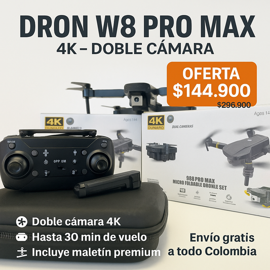 🚀 Dron SkyMax W8 Pro Max 4K Doble Cámara – 30 Min de Vuelo + Maletín Incluido