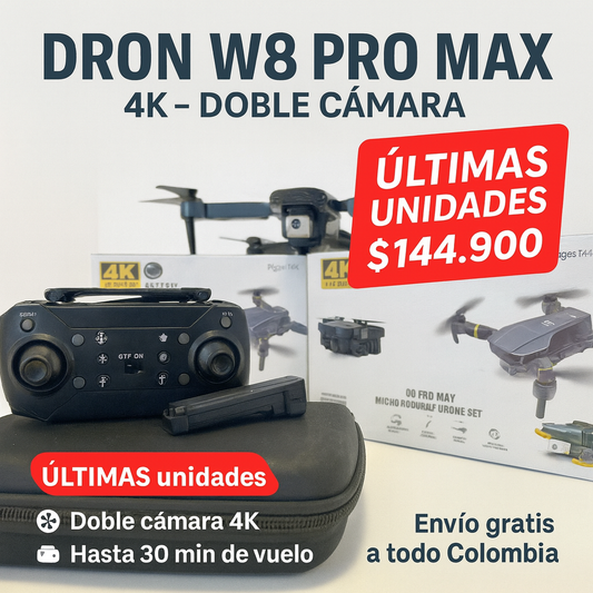 🚀 Dron SkyMax W8 Pro Max 4K Doble Cámara – 30 Min de Vuelo + Maletín Incluido